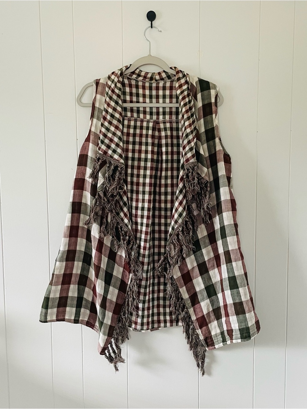 Plaid Fringe Open Vest in Green & Burgundy